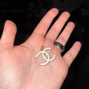 CHANEL Gold and White Double Sided Logo Necklace
